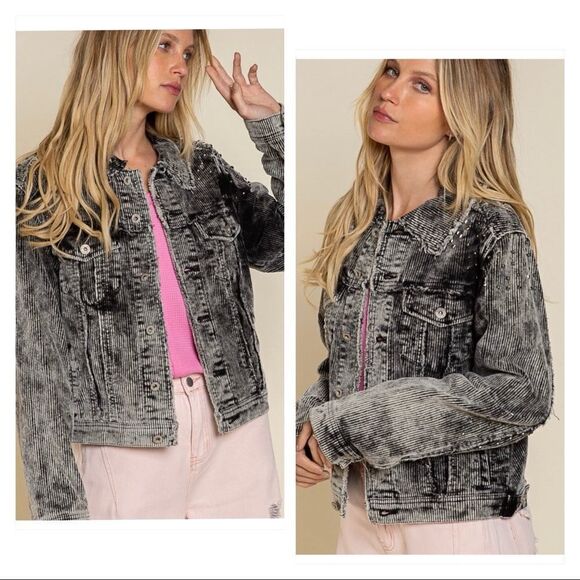 𝅺CORDUROY Relaxed Fit Studded Jacket in Stone Black - Picture 1 of 16